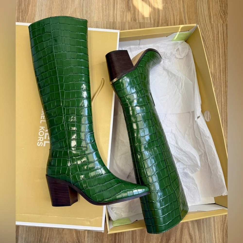 Michael Kors Loni Moss Green Embossed Croc Leather Knee-High Boots US 7M NIB